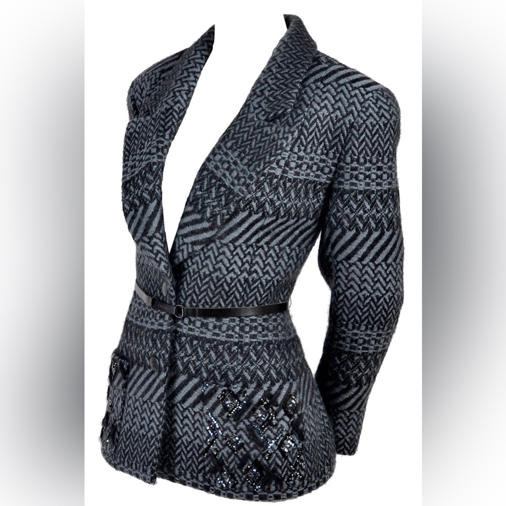 CHANEL Tweed Chevron Wool Silk Leather Belt Jacket Blazer Vintage 38 4-6 Small